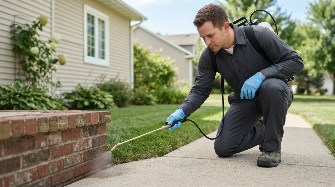 Pest control technician treating a home near Tiona, PA